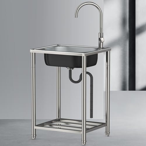 Fregadero Exterior Lavadero Pila Exterior Jardin Fregadero De Acero Inoxidable Independiente con Grifo Y Estantes De Almacenamiento Fácil De Montar Lavabo Portatil para Jardín Lavadero