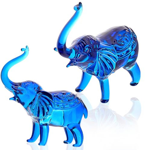 AHANDMAKER 2 Stück Elefantenfigur Aus Kristall Elefanten Tierfiguren Aus Glas Ornamente Sammlerfiguren Tischdekoration Elefanten Skulptur Für Das Home Office Blau