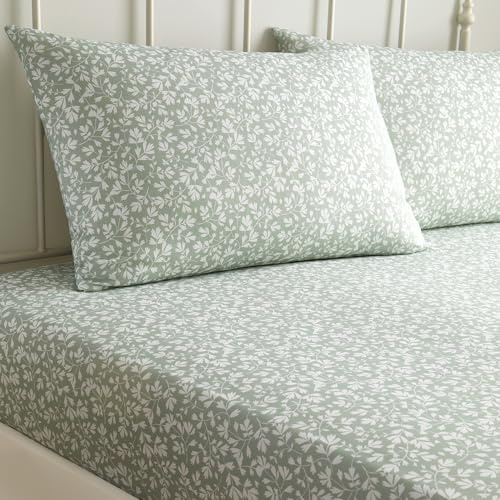 Dreams & Drapes - Sage Green Floral Fitted Sheet (200 x 150 x 28cm) - Luxury Polycotton Bed Sheet - Matching Duvet Cover Available - Green Bed Sheet with Leaf, King