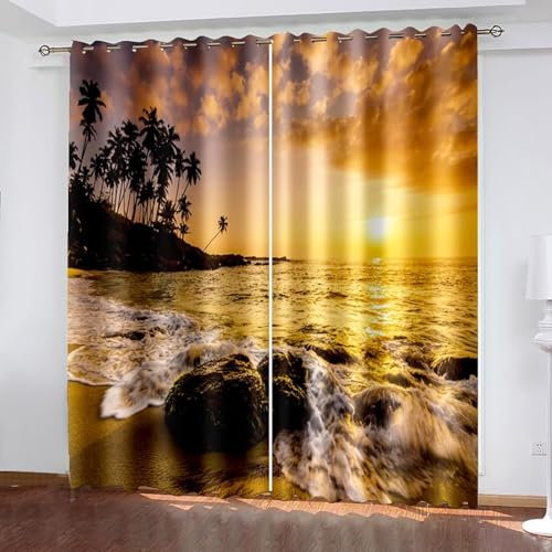 Mesnt Rideaux Thermiques Isolants Anti Chaleur, Paysage de Lever de Soleil au Bord de mer avec Palmiers Rideau Thermique Isolant A Oeillets Rideaux Salon Chambre, Jaune Marron, 132x183cm