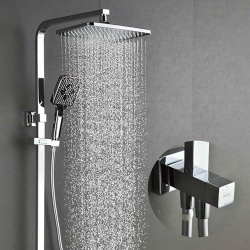 SonTiy Duschsystem Regendusche ohne Armatur,Edelstahl Duschset mit Quadratische großer Regendusche & 3 Strahlarten Handbrause, Messing Duschumsteller, Chrom