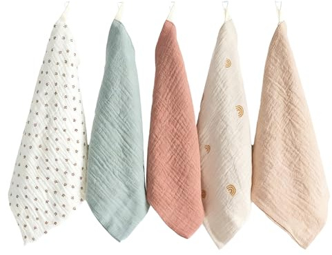 Baby Waschlappen aus Baumwolle,Baby Spucktücher(Farben und Muster Zufällig) | 5er-Set 23 x 23 cm Musselin Waschlappen Baby Neugeborene,Farben und Muster zufällig,für Gesicht,Hände und Babypflege