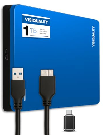 VisiQuality Hard disk esterno ad alta velocità, 1 TB, USB 3.0, compatibile con Windows e Mac, Plug and Play, per PS4 e Xbox, compatto, disponibile in 3 colori (blu)