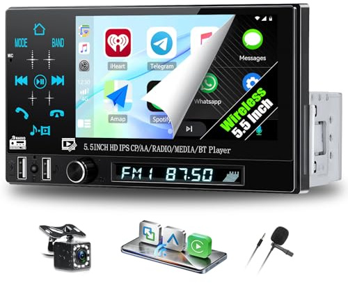 CAMECHO Autoradio 1 Din Wireless Carplay Android Auto Bluetooth Radio, 5.5 Zoll Touchscreen mit IPS HD Bildschirm 1280 * 720 mit Rückfahrkamera Mirror Link Lenkradsteuerung + 2 USB Anschlüsse
