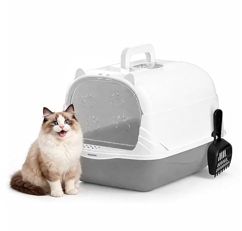 Marco Paul Enclosed Cat Litter Box with Door & Scoop, Covered Hooded Cat Litter Tray, Anti-Tracking Pedal, Flip Lid Easy Clean, Large Cat Toilet Box with Handle, Odour Control, Grey 51cm