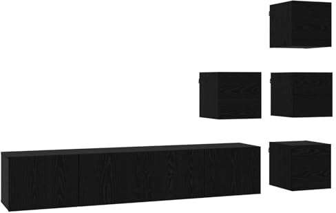 Yisssmeng 6-teiliges TV-Schrankset Lowboard Wandmontage, Modernes TV-Board Set aus Holzwerkstoff für Wohnzimmer, Modulare Wohnwand Hängeschrank in Schwarz Eiche, Viel Stauraum mit 8 Türen
