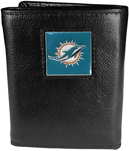 NFL Siskiyou Sports Mens Miami Dolphins Deluxe Leather Tri-fold Wallet Packaged in Gift Box One Size Black