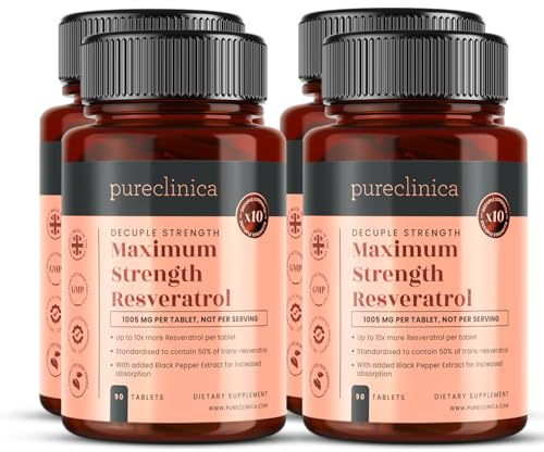 Pureclinica 1000 mg Resveratrol x 360 Tabletten (4 Flaschen à 90) – Vorrat für 12 Monate