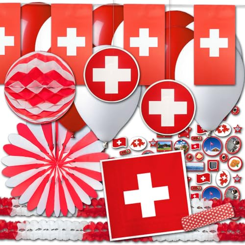 ORDENO Schweiz Partydeko Länderset rotweiß Basic - Schweizer Partyset für Länderparty, Fasching, Karneval, Silvester, Geburtstage, Mottoparty, etc.