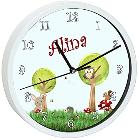 CreaDesign, Wanduhr für Kinderzimmer Waldwiese, Kinderuhr weiß mit Quarz Uhrwerk, personalisiert mit Name, Durchmesser 19,5 cm