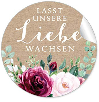72 STICKER Hochzeit LASST UNSERE LIEBE WACHSEN • BOHO KRAFTPAPIER OPTIK BLÜTEN ROSEN GRÜN ROT ROSA BRAUN • Samentüten Blumentöpfe Reagenzgläser Gastgeschenk Deko Selbstgemachtes • 4cm rund matt