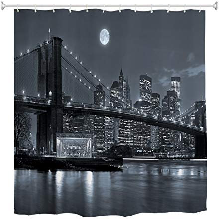 A.Monamour Rideau de Douche Anti Moisissure Imperméable Tissu New York City Brooklyn Bridge Manhattan Skyline Noir Blanc Polyester Étanche Rideau pour Salle de Bain Baignoire avec Crochets 180x200cm