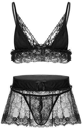 iiniim Ensembles Lingeries Homme Sissy Sexy Dentelle Transparent Bra Top Soutiens-Gorge Bretelle avec String Bas de Pyjama sous-Vêtements Travesti Nuisette M-4XL Noir XL