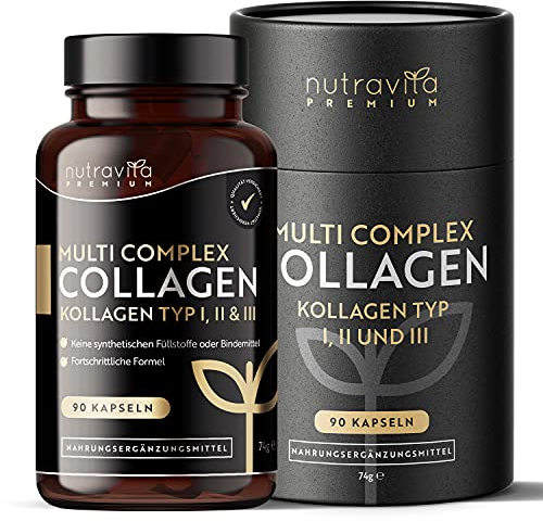 Premium-Kollagen-Komplex mit Typ I, II, III Kollagen - Enthält Meereskollagen, Hyaluronsäure, Kurkuma & Aloe Vera - Fortschrittliche Formel - 90 Kapseln - Hergestellt in Großbritannien von Nutravita