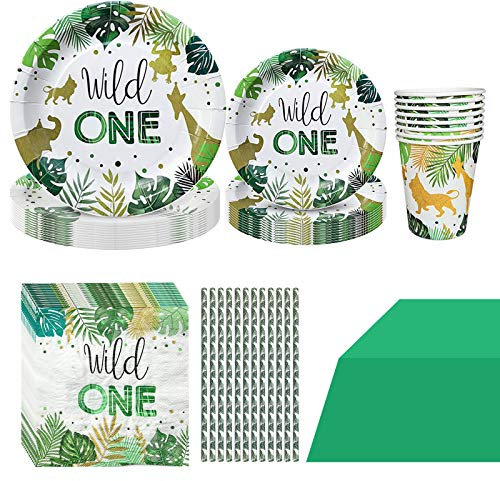 Hongfago 61 Pcs Wild One Birthday Party Supplies Set, Birthday Party Tableware with Paper Plates Cups Napkins Tablecloth for Wild One Boy Girl Kids 1st Birthday Decorations