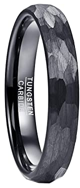 VAKKI 4mm Wolframcarbid Herren Ring Schwarz Gehämmerter Ring Schwarz Matt Wolfram Ring Größe 49.3(15.7)