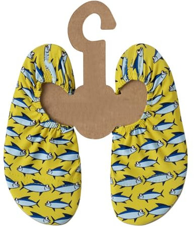 Slipstop Escarpines Unisex Antideslizantes para la Playa, el Deporte, la pileta, Las Vacaciones, el Yoga, en Amarillo con Peces, Talla 18-20