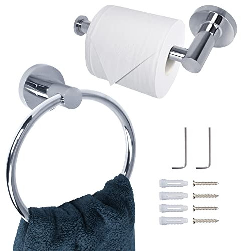 MEGAVOW 2 Pieces Toilet Paper Holder and Towel Ring Set, Toilet Roll Towel Holder, Wall Mounted Stainless Steel Hardware Accessory for Bathroom Kitchen Hotel, Silver