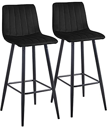 LEMROE Barhocker Samt 2er Set, Barstuhl Hocker,Tresenhocker Bistrohocker,Sitzhöhe 75cm, stabile Metallbeine,Bequeme Fußstütze hohe Stühle Stoff Barstühle,Schwarz