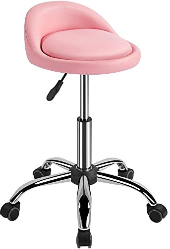 Yaheetech Taburete Redondo Giratorio Cuero PU para Oficina Silla Oficina con Ruedas Altura Ajustable Silla de Trabajo Rosa