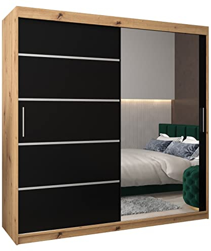 MEBLE KRYSPOL Kleiderschrank mit Spiegel Verona 2 - Garderobenschrank - Schrank Schlafzimmer - Mehrzweckschrank Zwei Schiebetüren - Regalen - Flur Möbel - Kleiderstange Schrank - Allzweckschrank