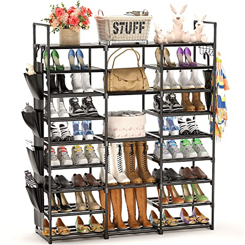 Kottwca Zapatero de Metal Con 9 Niveles para 55-60 Pares de Zapatos y Botas, Estrecho Con Ganchos Versátiles y Mazo de Madera para Pasillo, Salón, Dormitorio