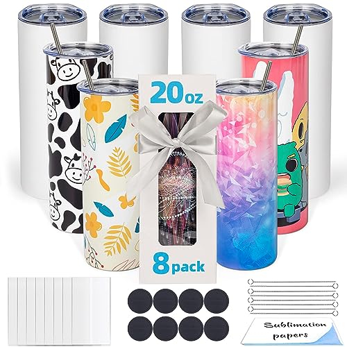 UIRZOTN Sublimationsbecher, blanko, 590 ml, Edelstahl, isoliert, gerader Körper, Weiß mit Deckel, in einer separaten Geschenkbox mit Schrumpffolie, Sublimation, weiße Tasse, DIY-Geschenk, 8 Stück