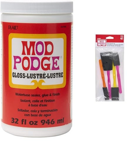 Mod Podge CS11203 Gloss Waterbase Sealer, Glue and Finish - 32 oz & Mod Podge Foam Brush Set x4, Yellow, Orange, Pink