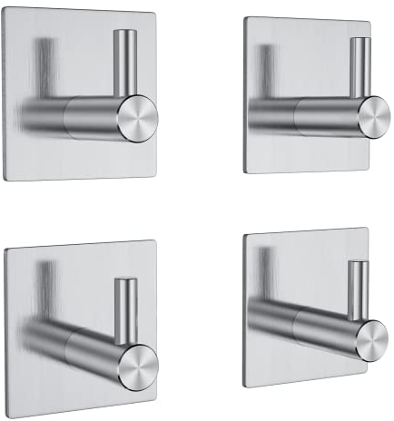 Empava BAS01 Towel Hooks Adhesive Wall Hooks - 4 Pack Robe Coat Hook Rack Damage Free Hanging Hooks with Self Adhesive Tapes Stainless Steel Heavy Duty Holder for Bathroom Bedroom Kitchen, Silver
