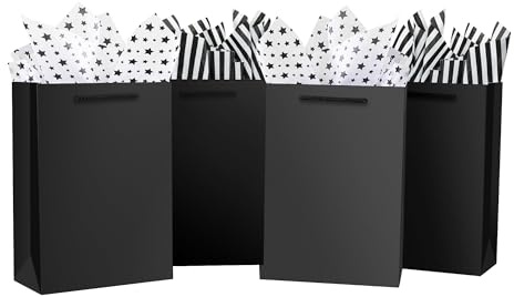 OfficeCastle 4 Pack Black Gift Bags with Tissue Paper, Medium to Large Gift Bags for Men, 8x4x11in/20x10x28 cm, Black Paper Bags with Handles