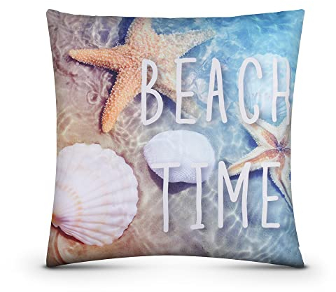 Outdoor Kissen (Beach Time) 45cm x 45cm, Dekokissen mit abnehmbaren Kissenbezug - schmutz und wasserabweisend, Garten, Balkon, Terrasse