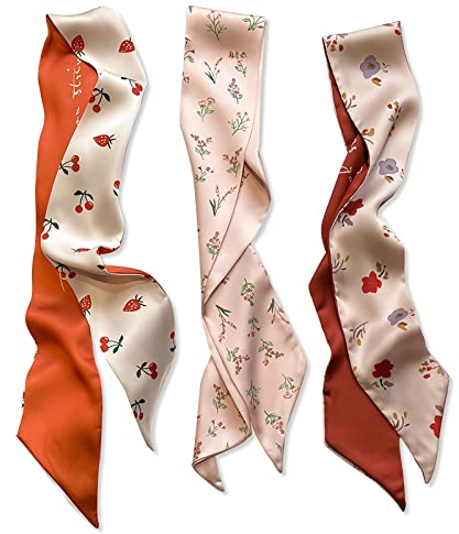 LumiSyne 3 Stück Seidenschal Skinny Schal Damen Mädchen Schmaler Lange Halstuch Frischer Blume Druck Schachbrett Polka Dots Muster Satin Ribbon Seidentüch Kopfschmuck Haarschal Handtasche Griff Band