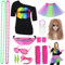80er Jahre Outfit Damen 80er Jahre Kleidung Frauen Kostüm Accessoires Set mit T-Shirt 80er Perücke Tutu Bauchtasche Stirnband Ohrring Netzhandschuhe Thema Retro Neon Party Regenbogen 053CXXL