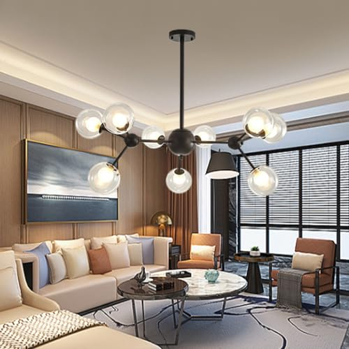 Kronleuchter Gold Globe Pendelleuchte Sputnik E27 Beleuchtung für Esszimmer mit transparentem Glasschirm Mid Century Modern Hänge Deckenleuchte für Küche und Schlafzimmer Hängelampe ( Color : Black ,