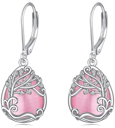 Baum des Lebens Rosa Opal Ohrringe für Damen 925 Sterling Silber Lebensbaum Rosa Tropfen Ohrringe Leverback Schmuck Geschenke (CC-Baum des Lebens Rosa Opal)