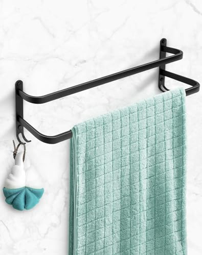 QWORK® Porte Serviettes Murale à 2 Niveaux 60 cm, Alliage d'aluminium Haute résistance, Noir Mat, Conception de Crochet Pratique