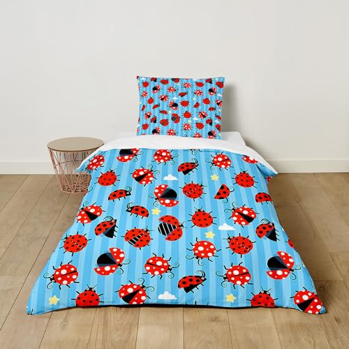 Hiseng Bettwäsche-Sets Kinder Bettwäsche Set mit Kissenbezug, Kuschel Bettwäsche mit Reißverschluss, 3D Marienkäfer Bettbezug für Mädchen und Jungen (220x260cm,Himmelblauer Marienkäfer)