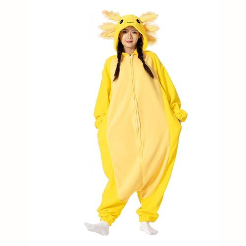 LANFAN Adult Axolotl Onesie Pajamas, Unisex Animal Costume, Cosplay Halloween Jumpsuit Sleepwear for Women Men