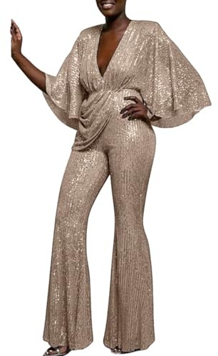 Briskorry Damen Pailletten Overall V-Ausschnitt Glitzer Strampler Lockere Hose Einteiler Lang Clubwear Elegant Party Abend Jumpsuit Playsuit Hohe Taille Romper Hosenanzug