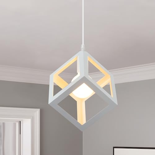 Osairous Lampara Colgante Vintage, Lamparas de Techo Salon en Forma de Cubo, Lampara Techo Colgante de Metal Moderno E27, Blanco Lámpara Colgante para Dormitorio Comedor Cocina