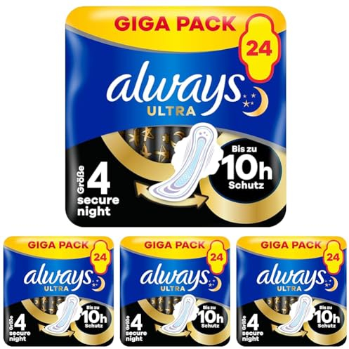 Always Ultra Binden Damen Gr. 4, Secure Night (24 Damenbinden mit Flügeln) Giga Pack, dünn und super saugfähig, geruchsneutralisierend und Auslaufschutz (Packung mit 4)