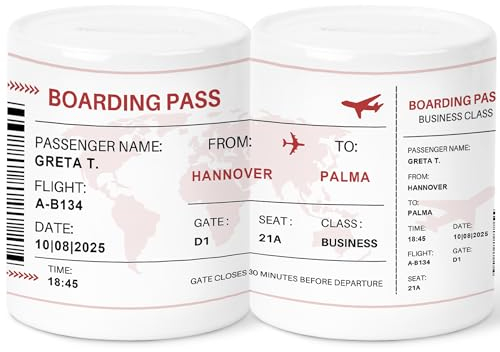 Urlaubskasse Flugzeug Spardose personalisiertes Flugticket Reisekasse Reise Geldgeschenk Verpackung Geschenk Urlaub Sparschwein aus Keramik (Rot)
