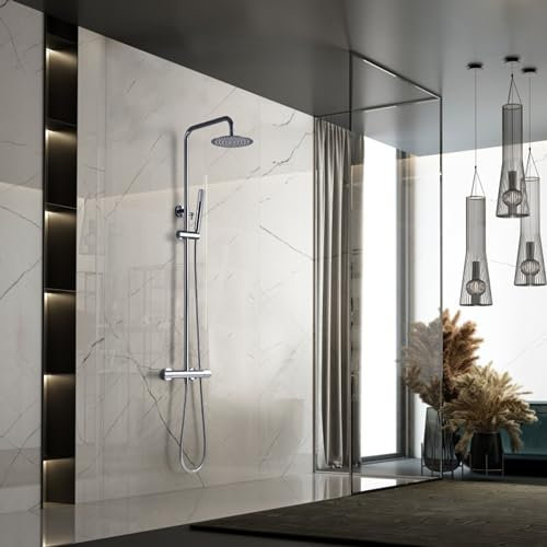 IMEX - Columna Ducha Termostatica con Grifo | Conjunto de Ducha con Alcachofa y Rociador Antical Efecto Lluvia | Griferia en Latón y Acero Inox S.304 con Barra Extensible Cromada | Serie Génova