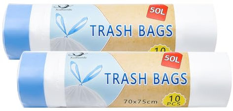 Xcdhmede Sacs Poubelle 50L, Sac Poubelle avec Poignées Coulissantes, Sac Poubelles Fond anti-fuite, Sacs en Plastique Très Résistant, 2 rouleau x 10 Pièces (Blanc)