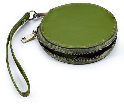 LELE LIFE Porte-monnaie en cuir véritable avec dragonne, petite pochette à fermeture éclair, porte-monnaie rond léger pour femme, vert foncé, Rétro