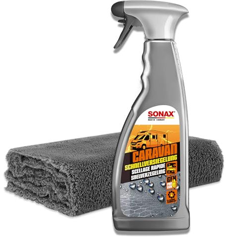 autopflege Wohnmobil Versiegelung Set | Sonax Caravan Schnellversiegelung 750ml + Poliertuch 550GSM randlos | Versiegelung und Schutz für alle äußeren Oberflächen an Caravan Wohnmobil Wohnwagen