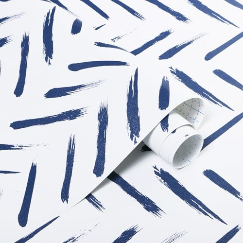 Fiula Selbstklebende Tapete 44CMx3M Klebefolie Möbelaufkleber Blau und Weiß Streifen Tapete Wallpaper Geometrische Klebetapete Moderner Vinyl Wrap Wasserdicht Schlafzimmer Wohnzimmer Fischgrätmuster