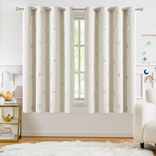 Treatmentex Verdunklungsvorhänge mit Gold Schmetterling Druck Blickdichte Gardinen mit Ösen für Kinderzimmer Mädchenzimmer Schlafzimmer Dekoschal 2er Set 180x140cm(H×B) Beige