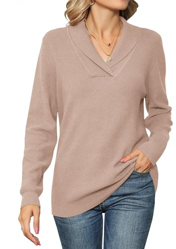 IECCP Maglioni con Maniche Lunghe Scollo A v con Tinta Unita Donna Maglione Invernale Lavorato A Maglia con Risvolto Pullover Cachi M