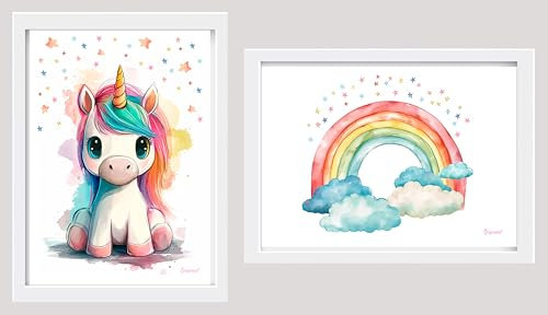 Originalys Zwei Einhorn und Regenbogen Poster DIN A3 (42cm x 29,7cm) oder DIN A4 (29,7cmx21) | Deko Poster Kinderzimmer Mädchen Baby (Rahmen NICHT enthalten) (A4 (29,7cm x 21cm))